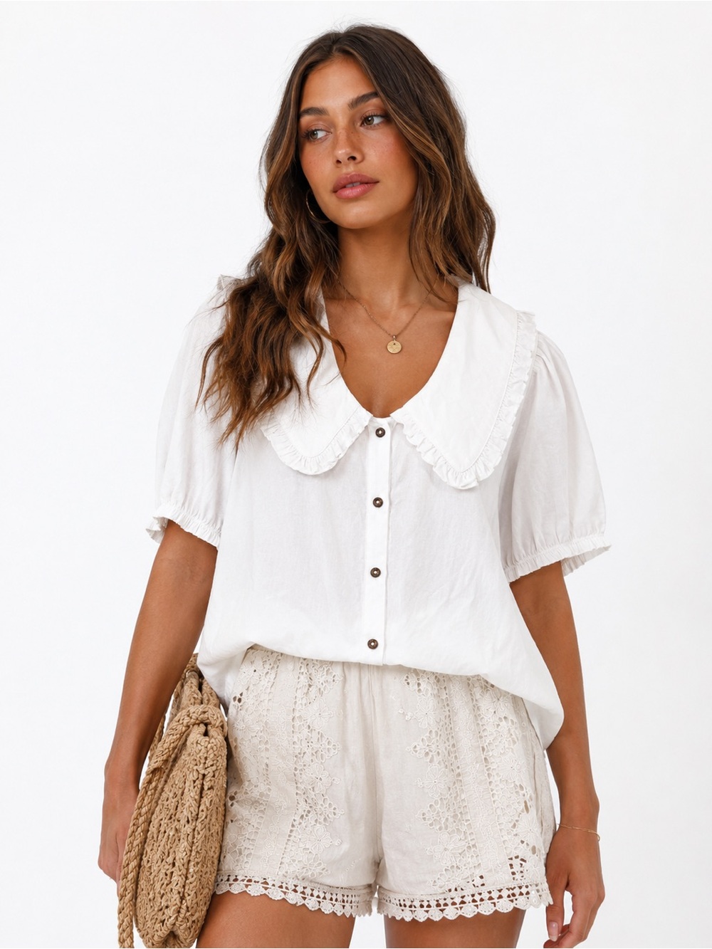 Mustard Seed White Peter Pan Ruffle Collar Button-Front Blouse New Large Boho